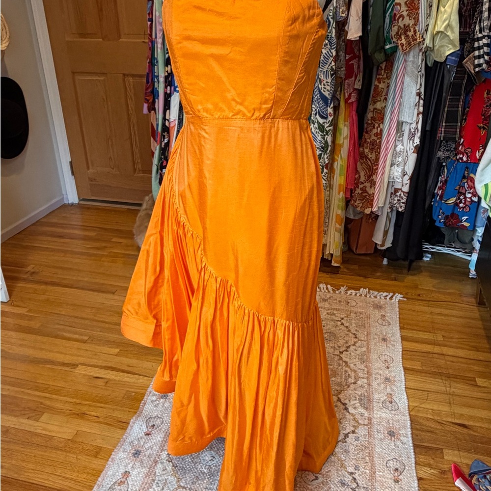 Anthropologie let me be Asymmetrical Orange Midi Dress